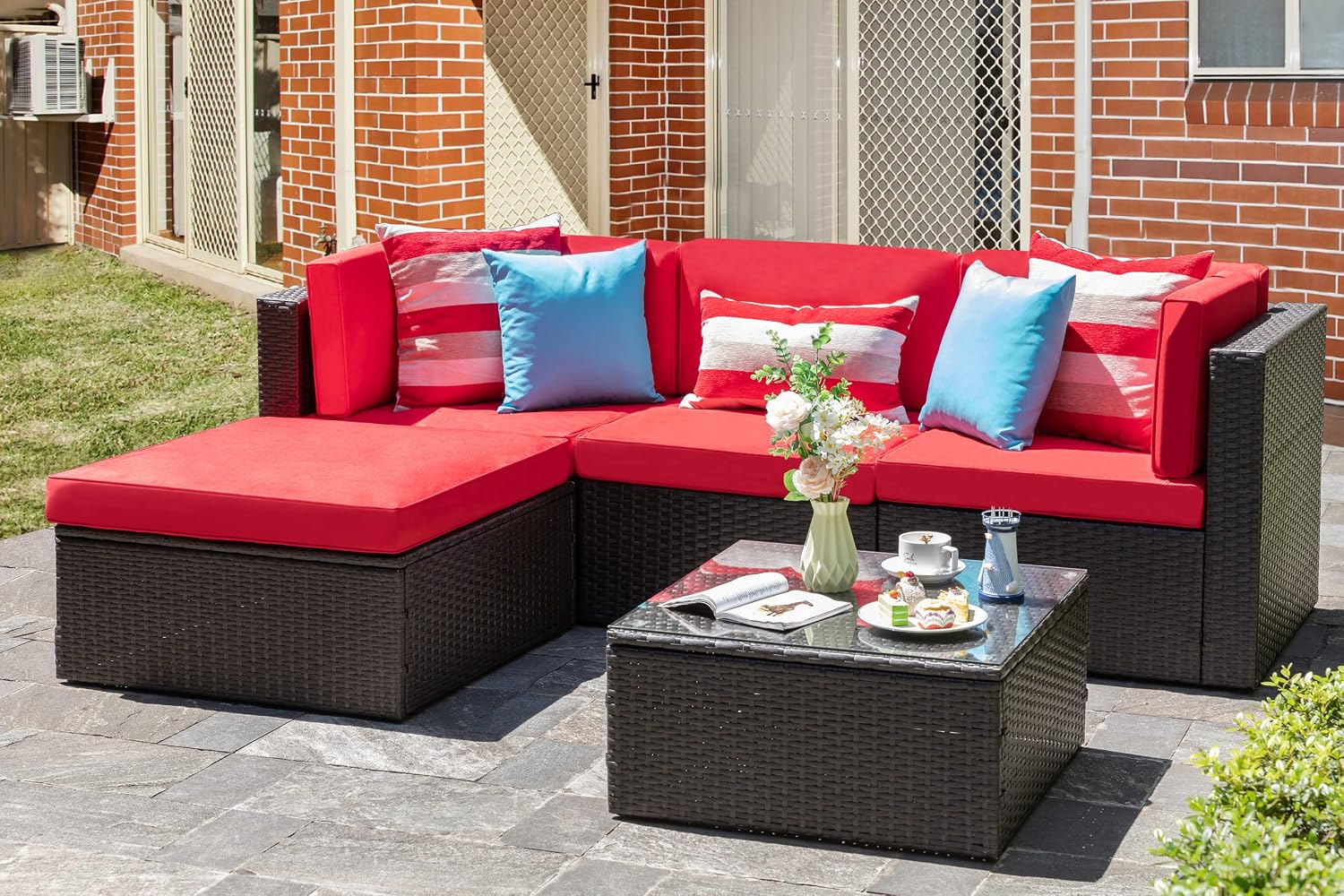 Vongrasig Patio Furniture Sets, Outdoor Patio Set Sectional Sofa, All-Weather PE Rattan Outdoor Couch with Ottoman, Glass Table for Garden, Backyard, Porch