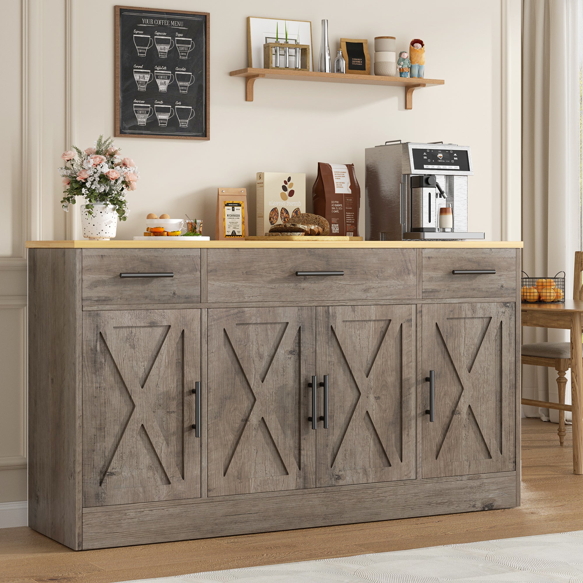 Vongrasig Buffet Cabinet with Storage, Farmhouse Coffee Bar Cabinet with Drawers, 53” Large Modern Sideboard Buffet with Adjustable Shelves for Kitchen, Dining Room