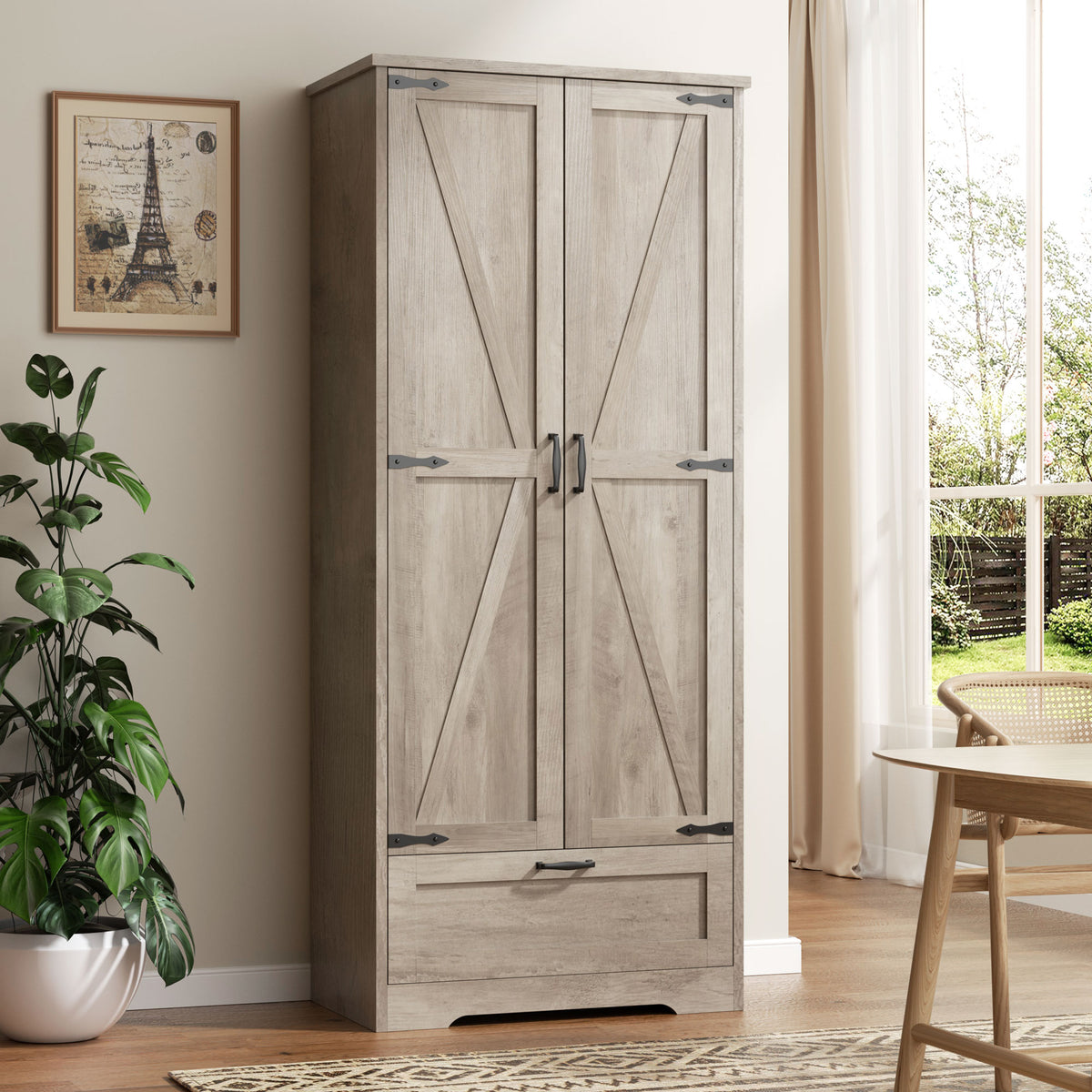 Vongrasig Kitchen Pantry Storage Cabinet with Barn Doors, Drawer and Adjustable Shelves, 4-Tier Tall Rustic Wood Cupboard Locker for Kitchen, Living Room, Bathroom, Dining Room
