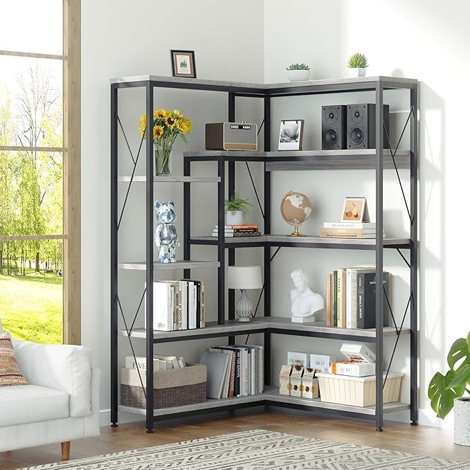 Vongrasig Large Open Display Bookshelve, L-Shaped 5-Tier Corner Shelf Industrial Bookcase for Living Room,Home Office, Bedroom,Gray