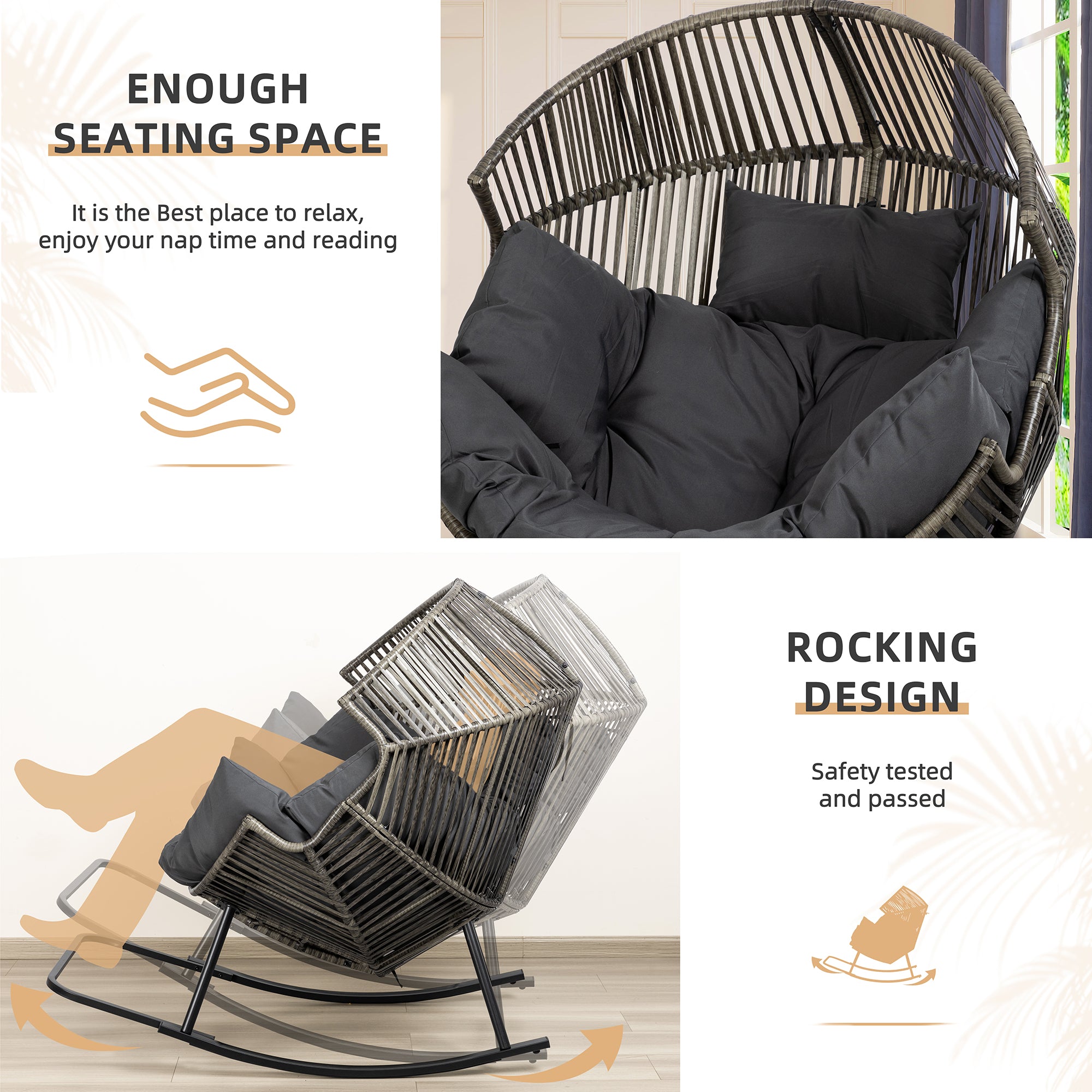 Vongrasig Outdoor Wicker Egg Chair PE Rattan Chair with Cushion, Oversized Patio Lounge Chair for Outdoor, Indoor, Balcony, Backyard, Garden