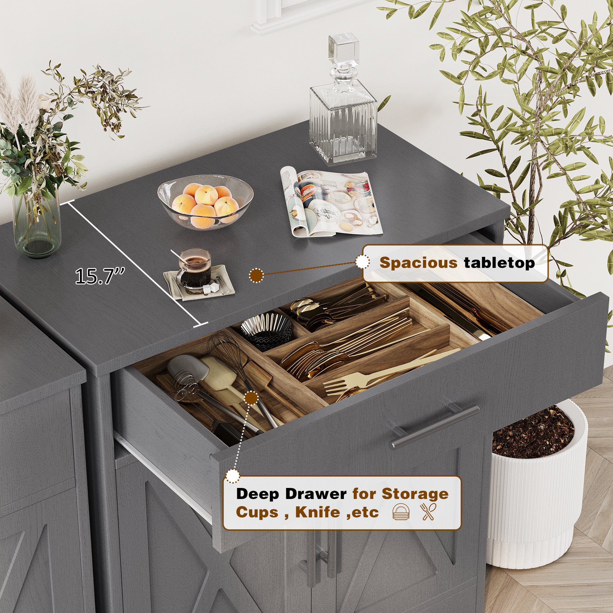 Vongrasig Farmhouse Coffee Bar Cabinet, Small Sideboard Buffet with Storage, Modern Kitchen Storage Cabinet with 1 Drawer and 2 Doors for Kitchen, Dining Room