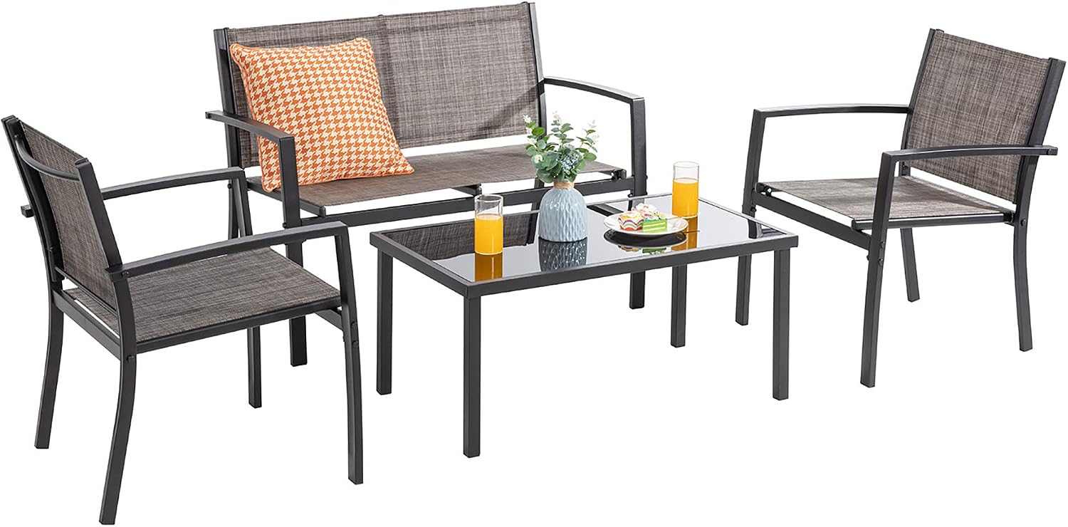 Vongrasig 4 Pieces Patio Furniture Sets,Outdoor Patio Conversation Sets with Glass Coffee Table, Small Porch Balcony Furniture, Patio Table and Chairs Set for Garden, Backyard