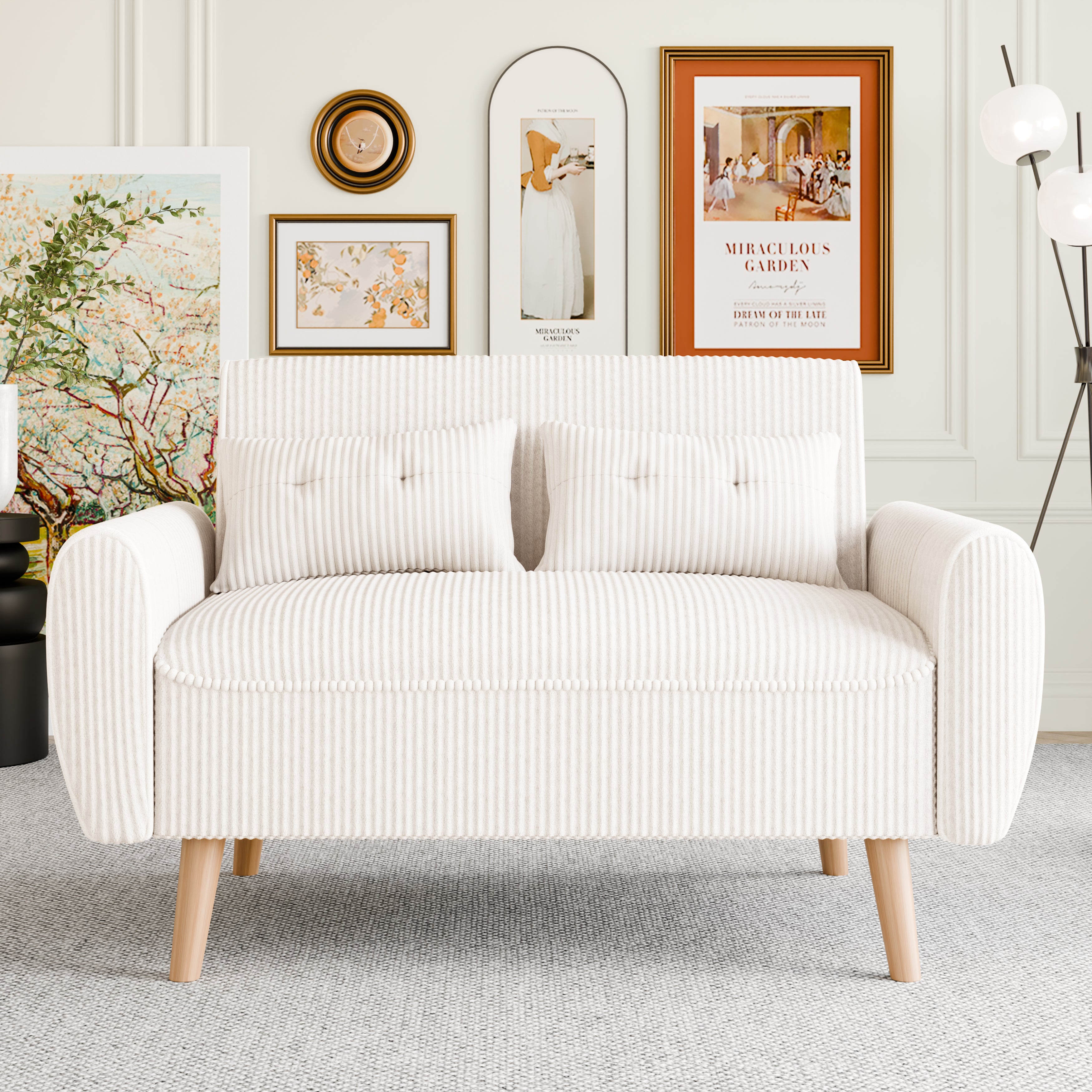 Vongrasig 48" Small Modern Loveseat Sofa, Mid Century Soft Corduroy Fabric 3-Seat Sofa Couch Tufted with Back Cushions and Tapered Legs for Living Room, Bedroom and Small Space