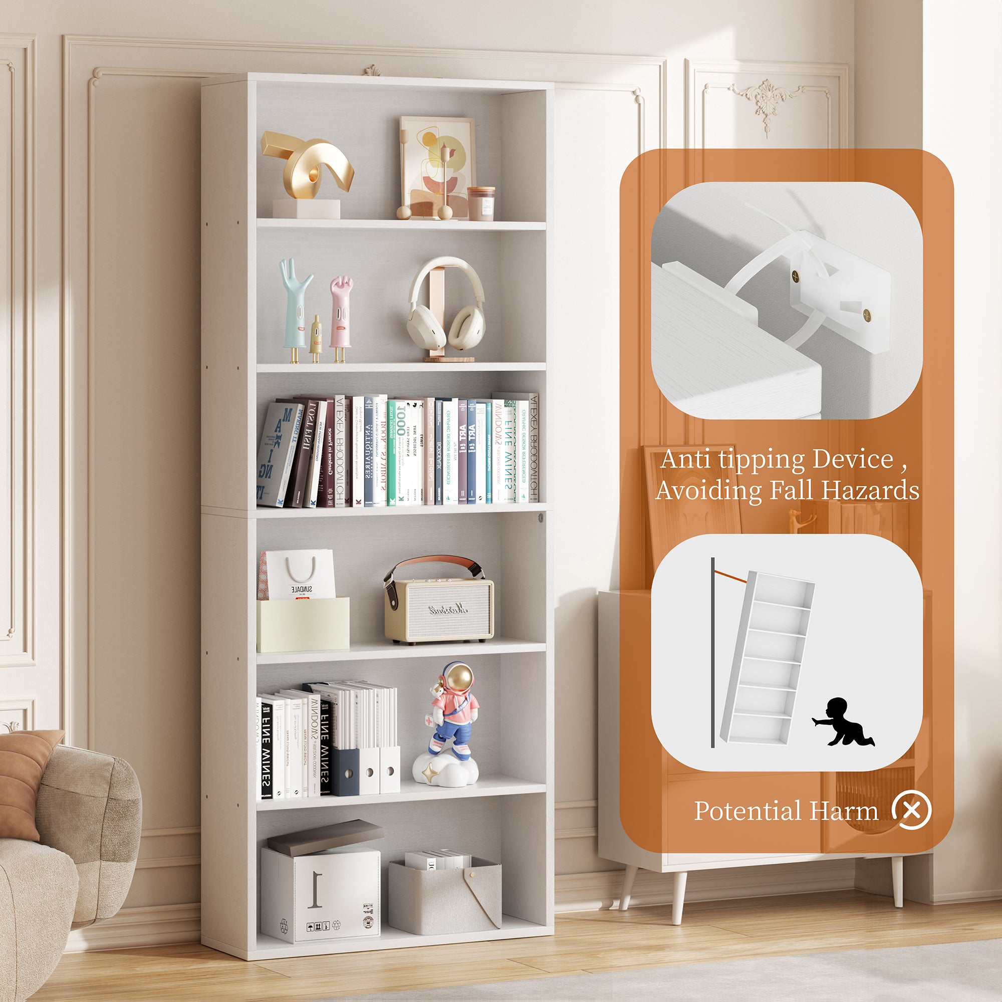 Vongrasig 6-Tier Open Bookcase and Bookshelf, Floor Standing Wood Display Storage Shelves 71 Inch Tall Bookcase Home Decor Furniture for Home Office, Living Room, Bed Room