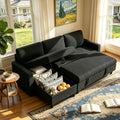 Vongrasig Sleeper Sofa with Storage for Small Space, Convertible Small Pull Out Couch with Storage Chaise, L Shaped Sectional Sofa Bed for Apartment, Guest Room, Black Corduroy