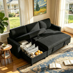 Vongrasig Sleeper Sofa with Storage for Small Space, Convertible Small Pull Out Couch with Storage Chaise, L Shaped Sectional Sofa Bed for Apartment, Guest Room, Black Corduroy