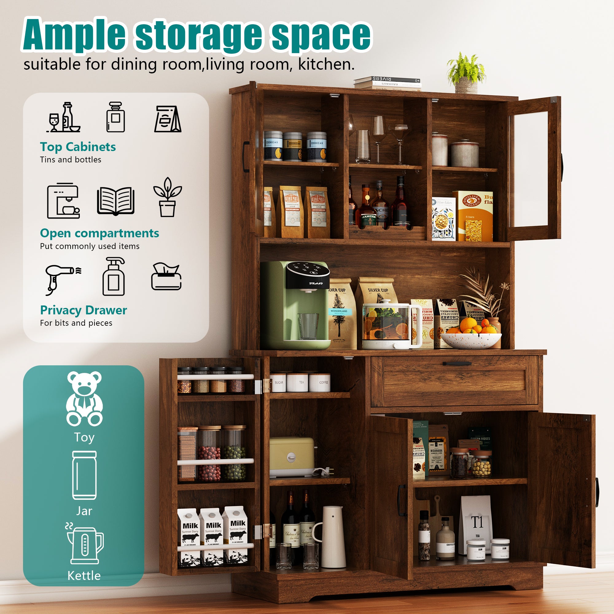 Vongrasig Kitchen Pantry Cabinet, Farmhouse Kitchen Hutch Tall Storage Cabinet with Doors and Shelves, Modern Food Pantry for Dining Room