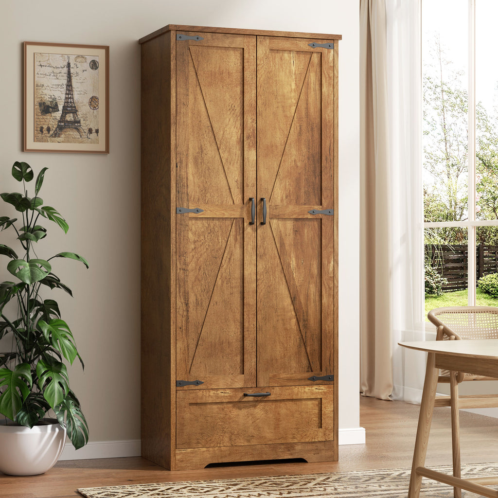 Vongrasig Kitchen Pantry Storage Cabinet with Barn Doors, Drawer and Adjustable Shelves, 4-Tier Tall Rustic Wood Cupboard Locker for Kitchen, Living Room, Bathroom, Dining Room
