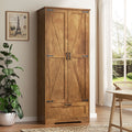 Vongrasig Kitchen Pantry Storage Cabinet with Barn Doors, Drawer and Adjustable Shelves, 4-Tier Tall Rustic Wood Cupboard Locker for Kitchen, Living Room, Bathroom, Dining Room