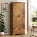 Vongrasig Kitchen Pantry Storage Cabinet with Barn Doors, Drawer and Adjustable Shelves, 4-Tier Tall Rustic Wood Cupboard Locker for Kitchen, Living Room, Bathroom, Dining Room