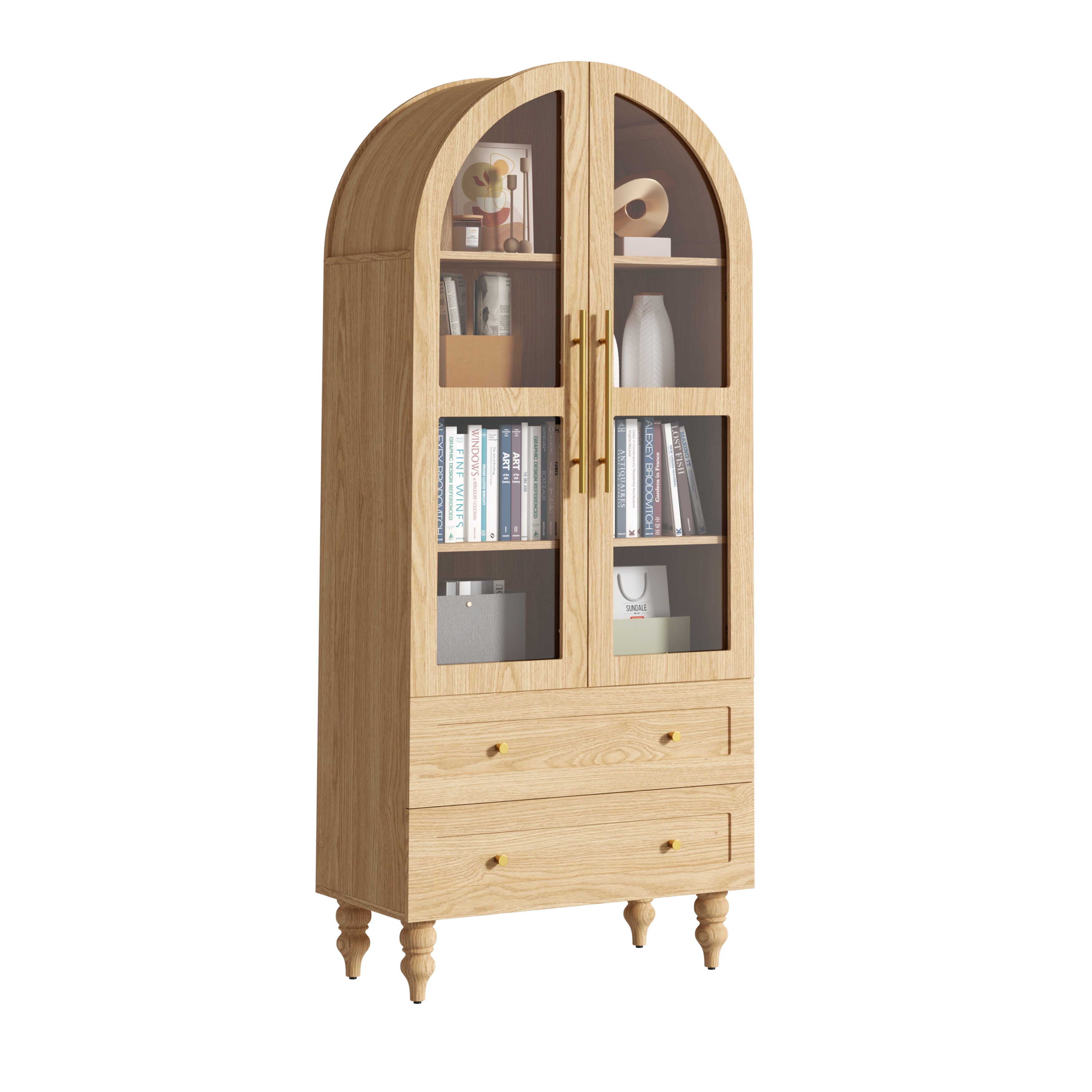 Vongrasig 71" Tall Arched Kitchen Pantry Storage Cabinet with Glass Doors, 2 Large Drawers, 6-Tier Tall Rustic Wood Cupboard Locker for Kitchen, Dining Room, Living Room, Bathroom,Natural