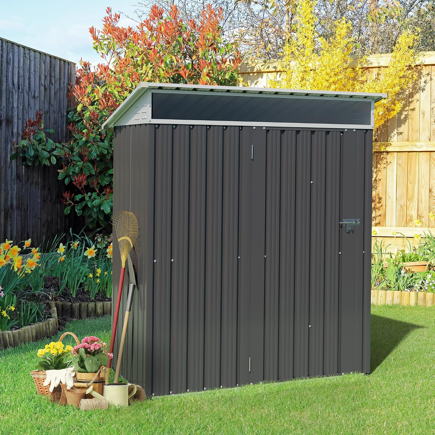 Vongrasig 5 x 3 x 6 FT Outdoor Storage Shed Clearance, Metal Garden Shed with Large Window and Lockable Door, Anti-Corrosion Waterproof Tool Shed for Backyard Patio, Lawn