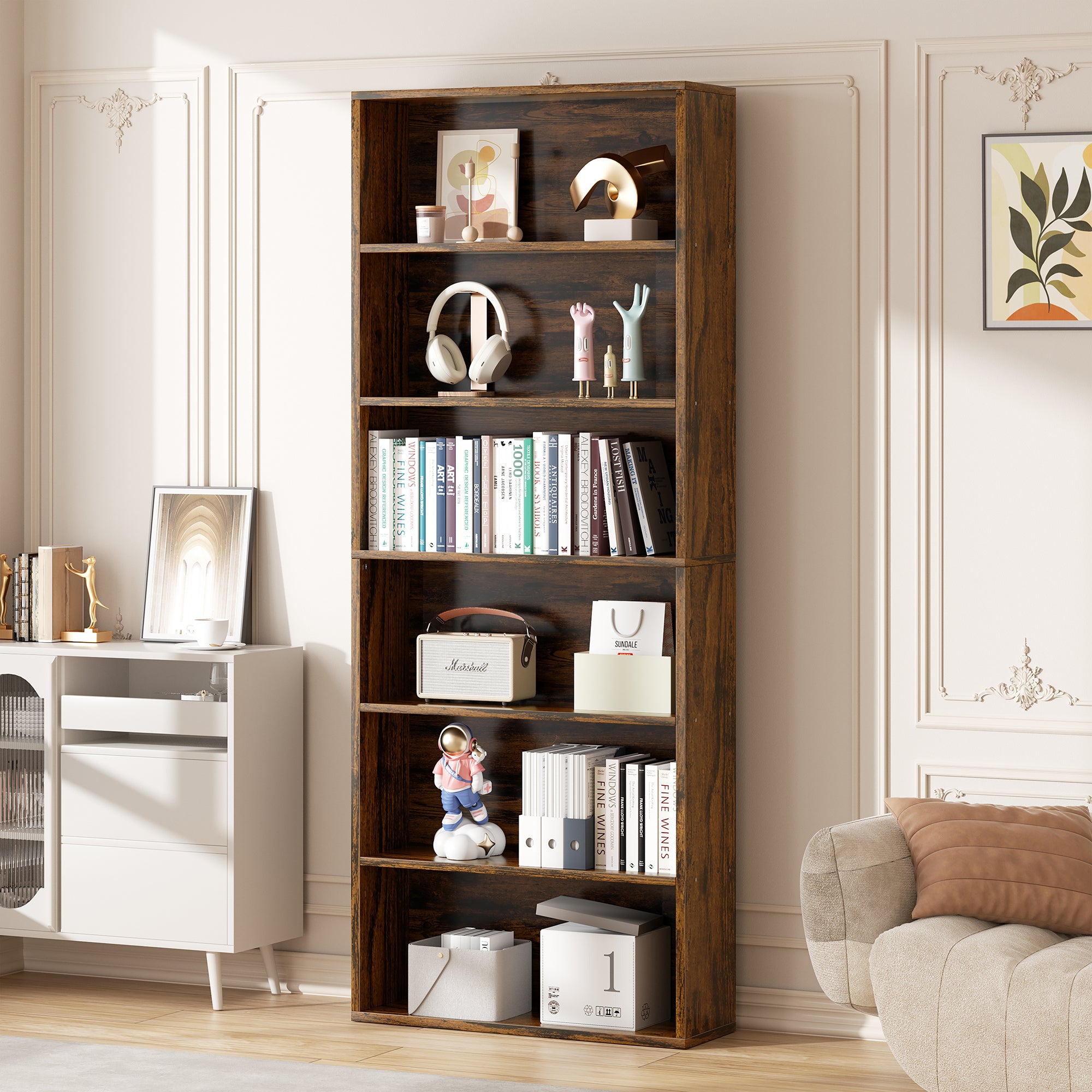 Vongrasig 6-Tier Open Bookcase and Bookshelf, Floor Standing Wood Display Storage Shelves 71 Inch Tall Bookcase Home Decor Furniture for Home Office, Living Room, Bed Room
