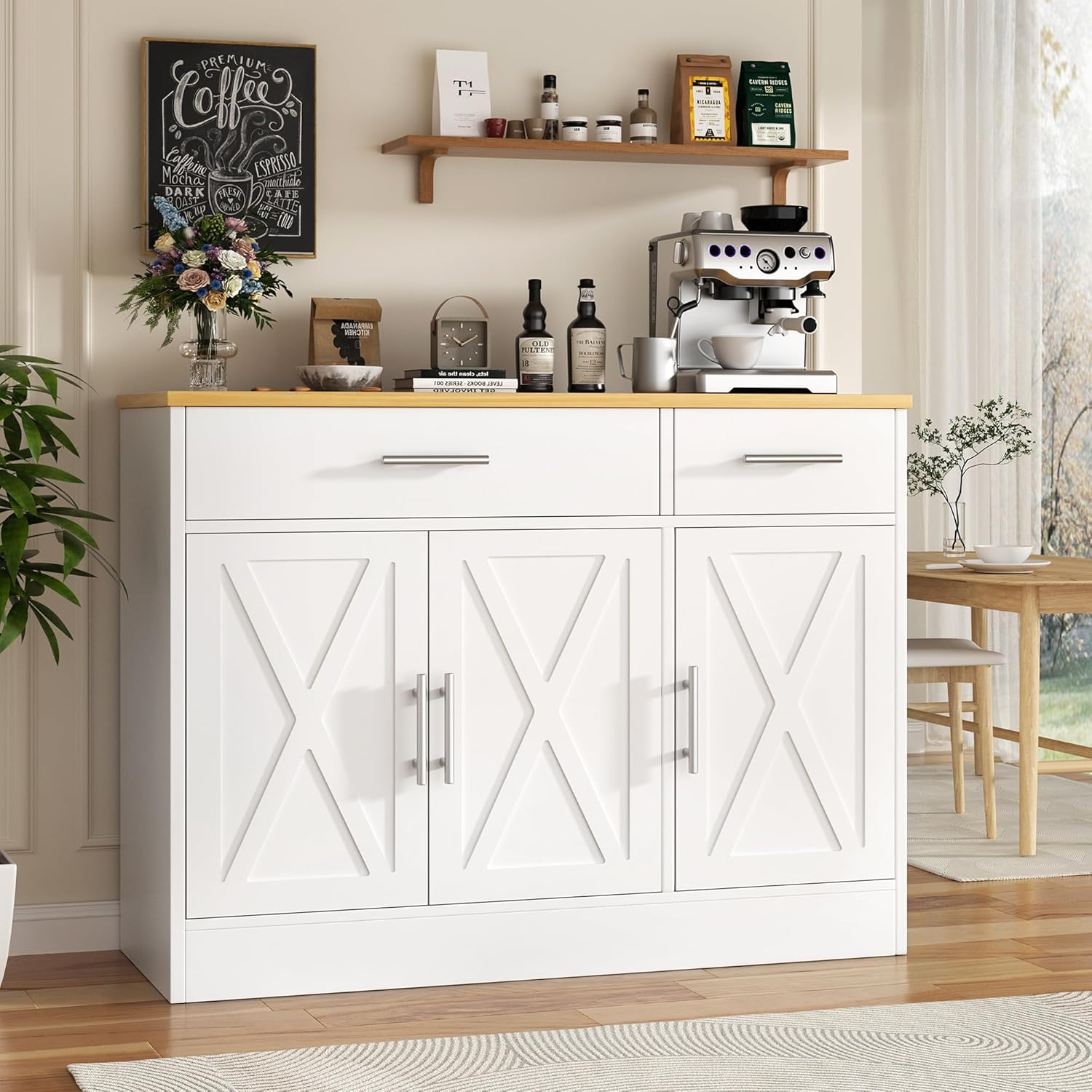 Vongrasig 43” Coffee Bar Cabinet, Farmhouse Buffet Cabinet with Storage, Sideboard Buffet with Drawers and Shelves for Kitchen