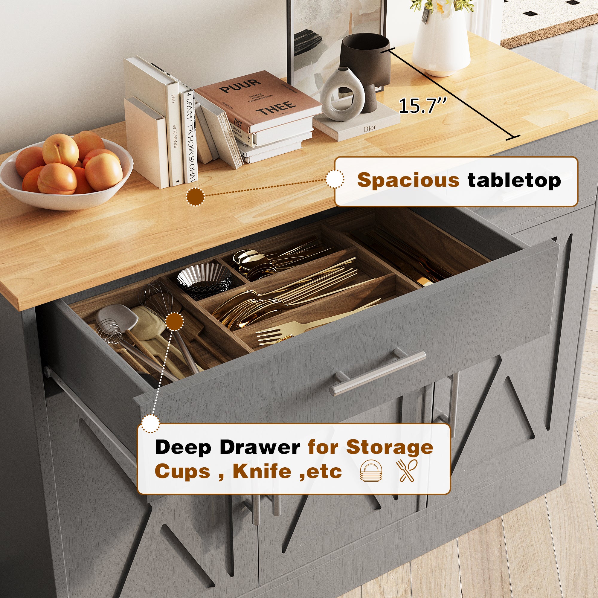Vongrasig 43” Coffee Bar Cabinet, Farmhouse Buffet Cabinet with Storage, Sideboard Buffet with Drawers and Shelves for Kitchen
