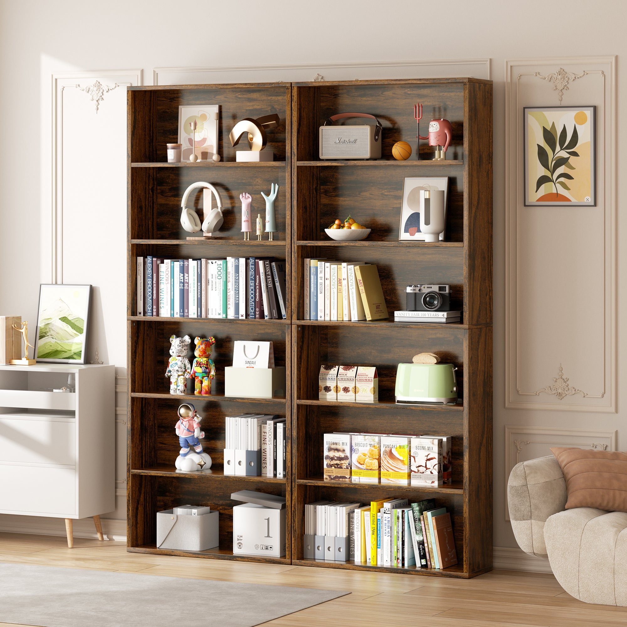 Vongrasig 6-Tier Open Bookcase and Bookshelf, Floor Standing Wood Display Storage Shelves 71 Inch Tall Bookcase Home Decor Furniture for Home Office, Living Room, Bed Room