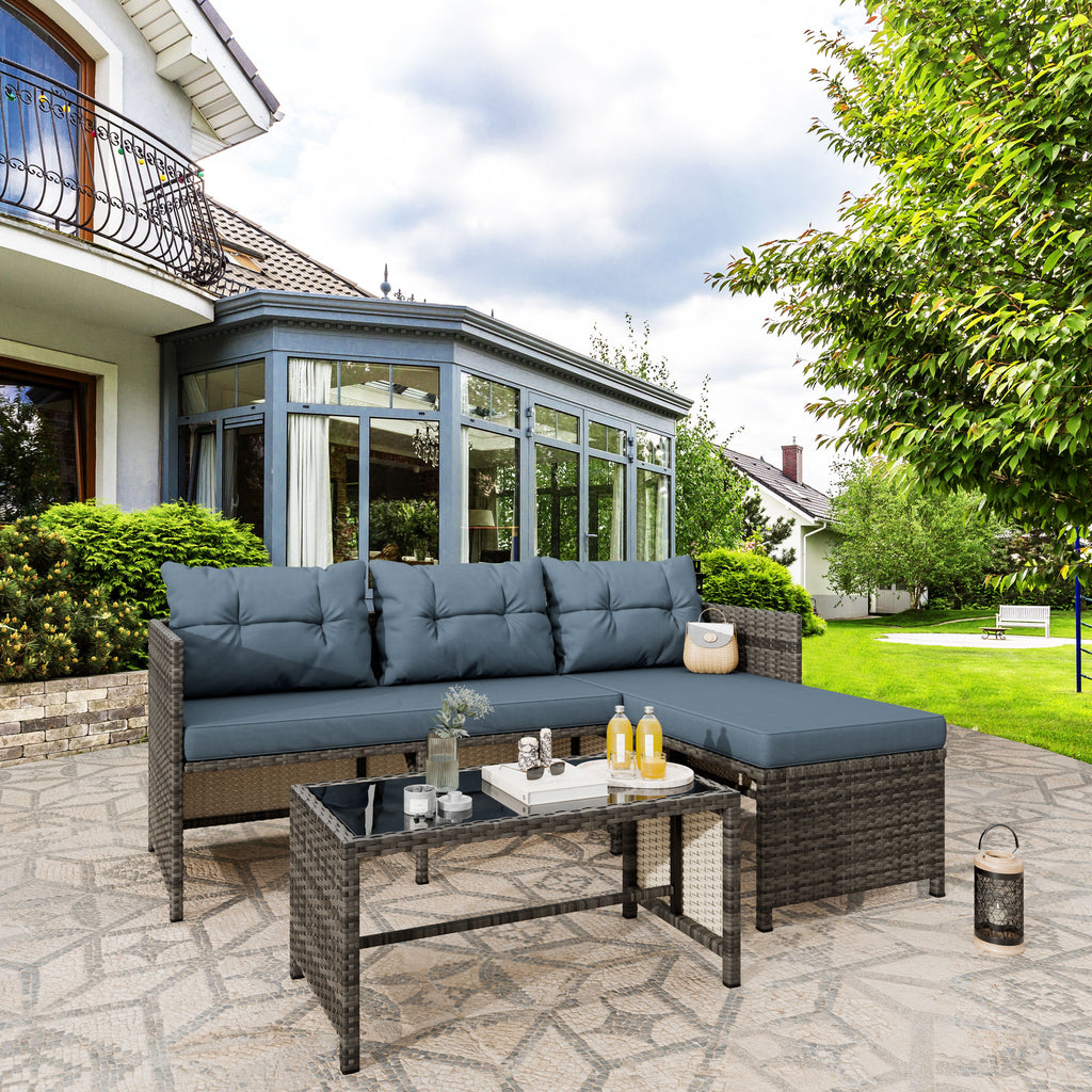 Vongrasig 3 Pieces Patio Furniture Sets, All-Weather Wicker Outdoor Sofa Couch Sectional Set, Small Conversation Set for Patio, Garden w/Cushion, Glass Table