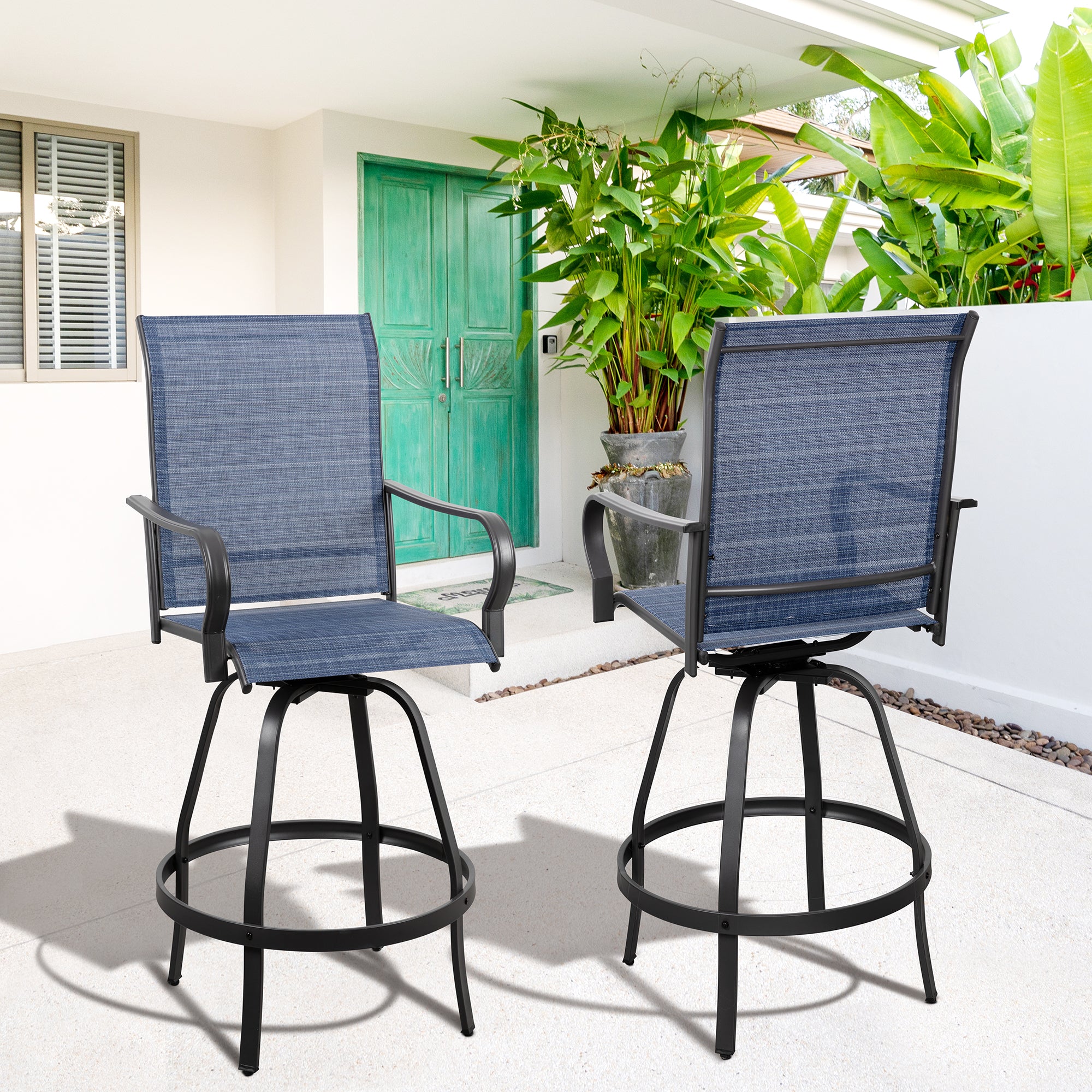 Vongrasig 2 Piece Patio Swivel Bar Chairs, All Weather Metal Textile High Swivel Bar Stools Chairs, Outdoor High Top Bistro Set for Backyard, Lawn Garden, Balcony