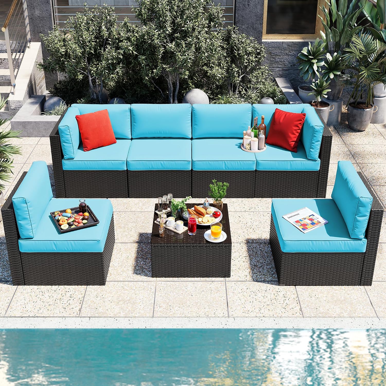 Vongrasig Patio Furniture Sets, Outdoor Patio Set Sectional Sofa, All-Weather PE Rattan Outdoor Couch with Ottoman, Glass Table for Garden, Backyard, Porch
