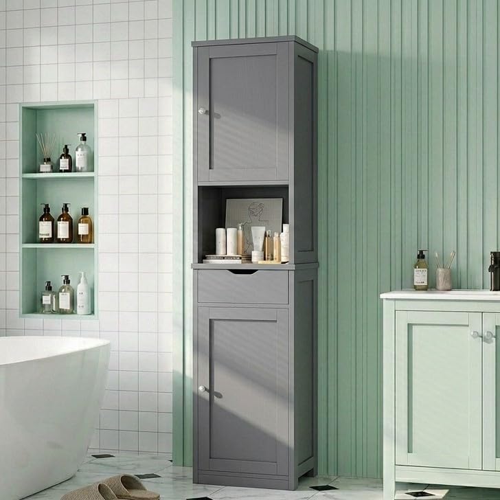 Vongrasig Tall Bathroom Storage Cabinet, 64”H Narrow Storage Unit for Small Spaces, Freestanding Modern Cabinet with Adjustable Shelves for Bathroom, Living Room, Kitchen