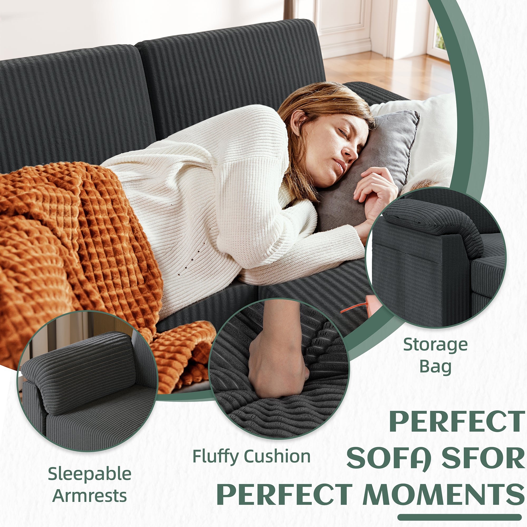 Vongrasig Convertible Sectional Sofa Couch, 3 Seat L Shaped Sofa with Removable Pillows Soft Corduroy Fabric Small Couch Mid Century for Living Room, Apartment and Office, Dark Grey