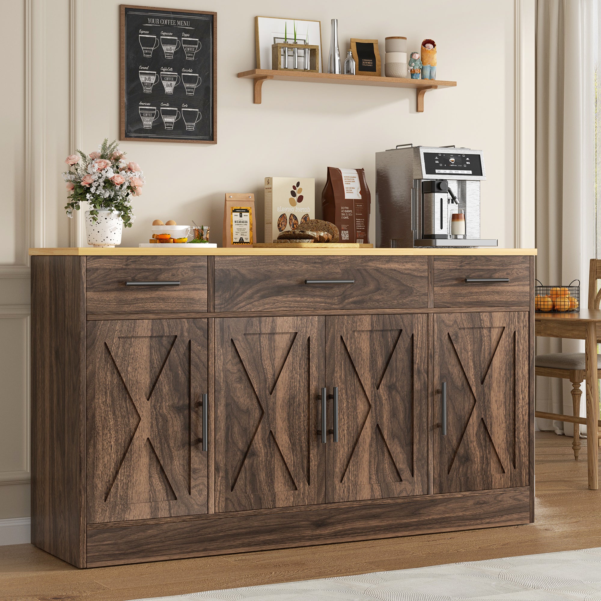 Vongrasig Buffet Cabinet with Storage, Farmhouse Coffee Bar Cabinet with Drawers, 53” Large Modern Sideboard Buffet with Adjustable Shelves for Kitchen, Dining Room