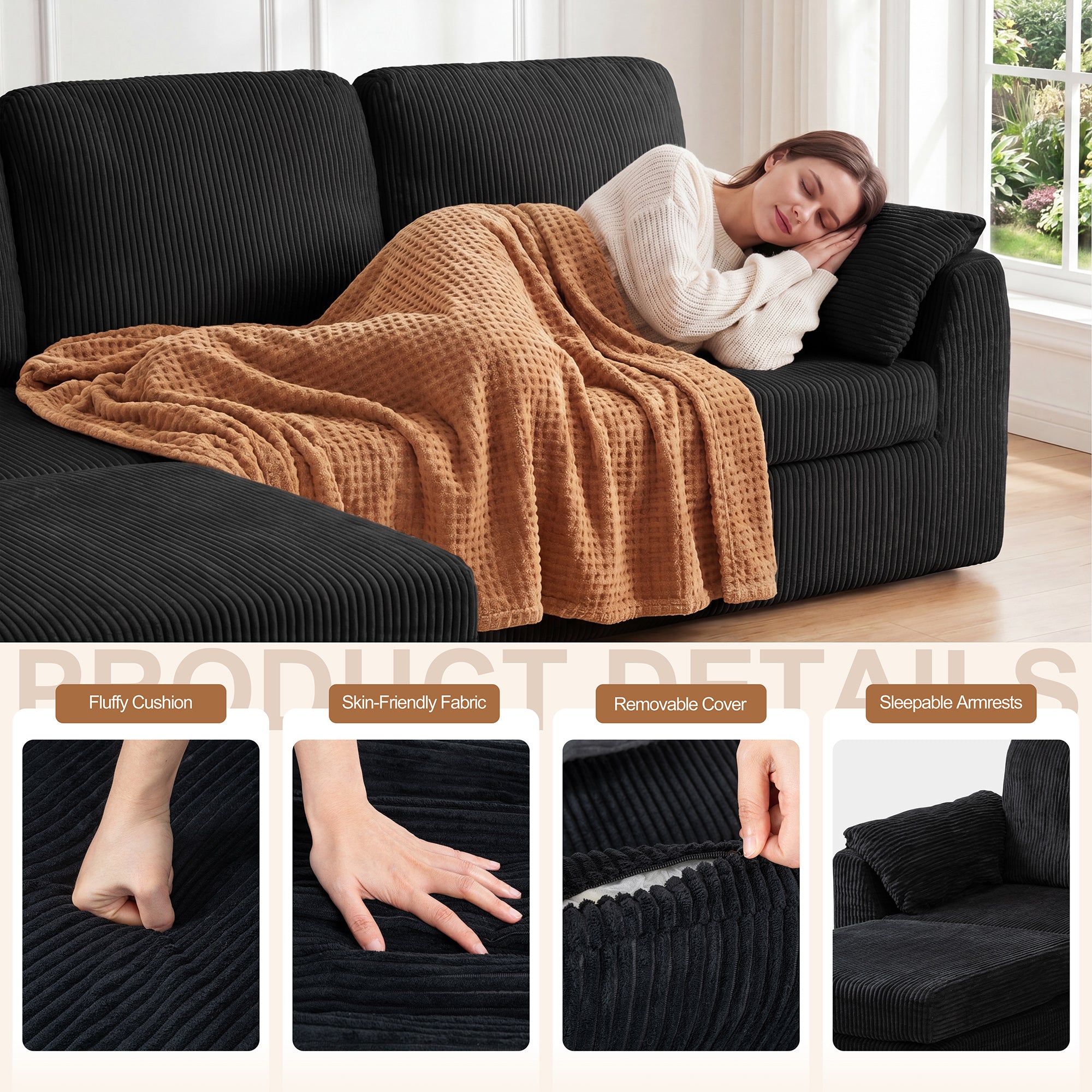 Vongrasig Boneless Convertible Sectional Sofa Couch, 3 Seat L Shaped Sofa with Removable Pillows Plush Corduroy Fabric Small Couches for Living Room, Apartment and Office