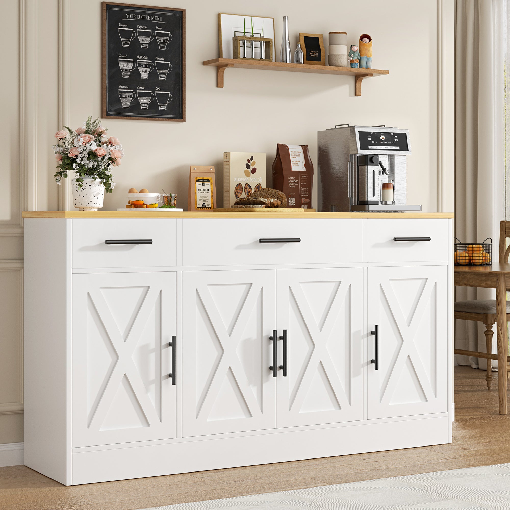 Vongrasig Buffet Cabinet with Storage, Farmhouse Coffee Bar Cabinet with Drawers, 53” Large Modern Sideboard Buffet with Adjustable Shelves for Kitchen, Dining Room