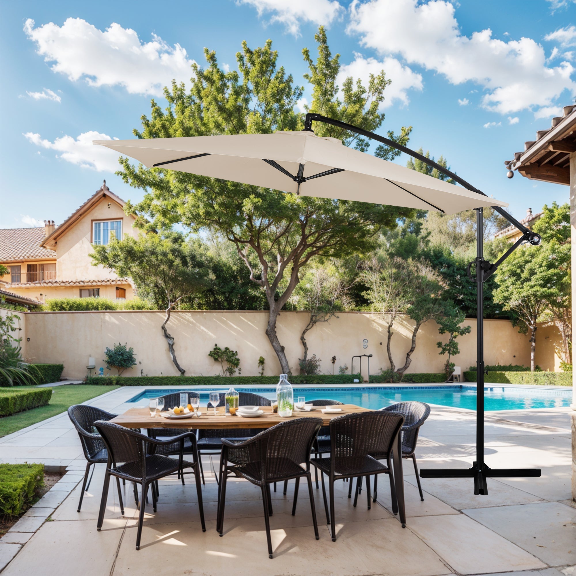 Walsunny Patio Offset Umbrella Easy Tilt Adjustment,Crank and Cross Base, Outdoor Cantilever Hanging Umbrella with 8 Ribs (7504185786544)