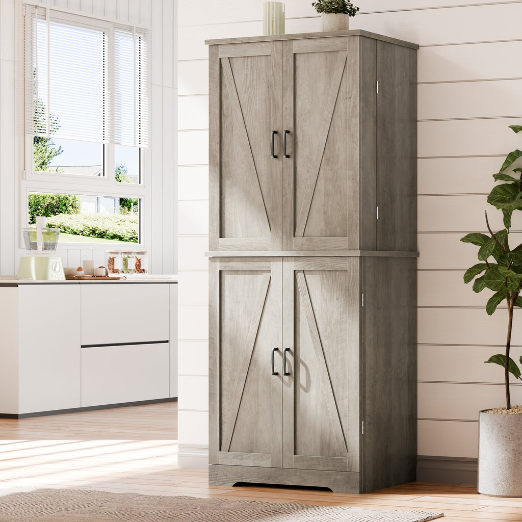 Vongrasig Kitchen Pantry Storage Cabinet with Barn Doors, Drawer and Adjustable Shelves, 6-Tier Tall Rustic Wood Cupboard Locker for Kitchen, Dining Room, Living Room, Bathroom