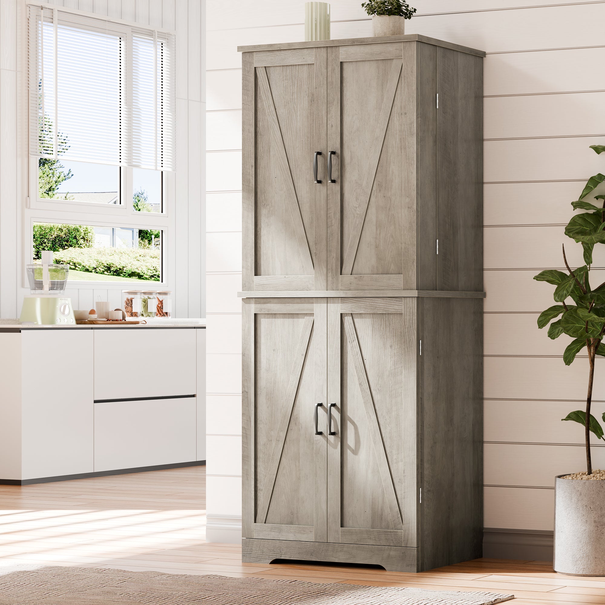 Vongrasig Kitchen Pantry Storage Cabinet with Barn Doors, Drawer and Adjustable Shelves, 6-Tier Tall Rustic Wood Cupboard Locker for Kitchen, Dining Room, Living Room, Bathroom