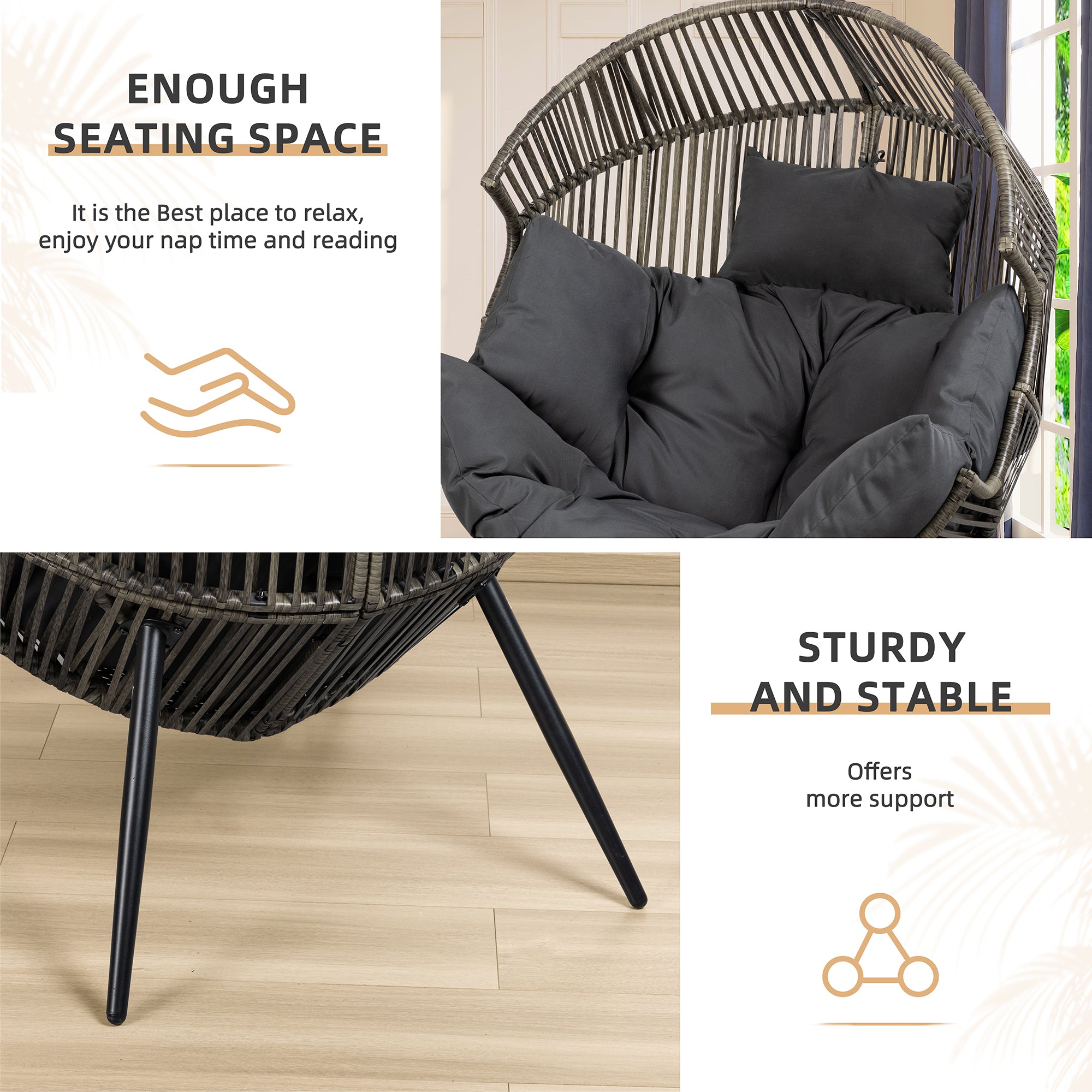 Vongrasig Outdoor Wicker Egg Chair PE Rattan Chair with Cushion, Oversized Patio Lounge Chair for Outdoor, Indoor, Balcony, Backyard, Garden
