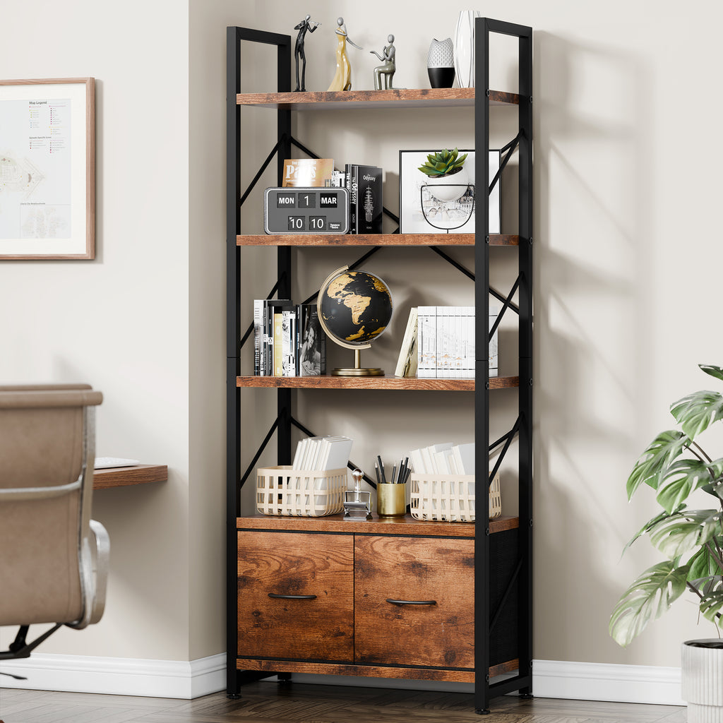 Vongrasig 5 Tier Bookshelf with Drawer, Industrial Tall Narrow Bookcase, Display Shelf Modern Wood and Metal Bookshelves, Free Standing Storage Organizer for Office, Living Room