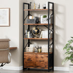 Vongrasig 5 Tier Bookshelf with Drawer, Industrial Tall Narrow Bookcase, Display Shelf Modern Wood and Metal Bookshelves, Free Standing Storage Organizer for Office, Living Room
