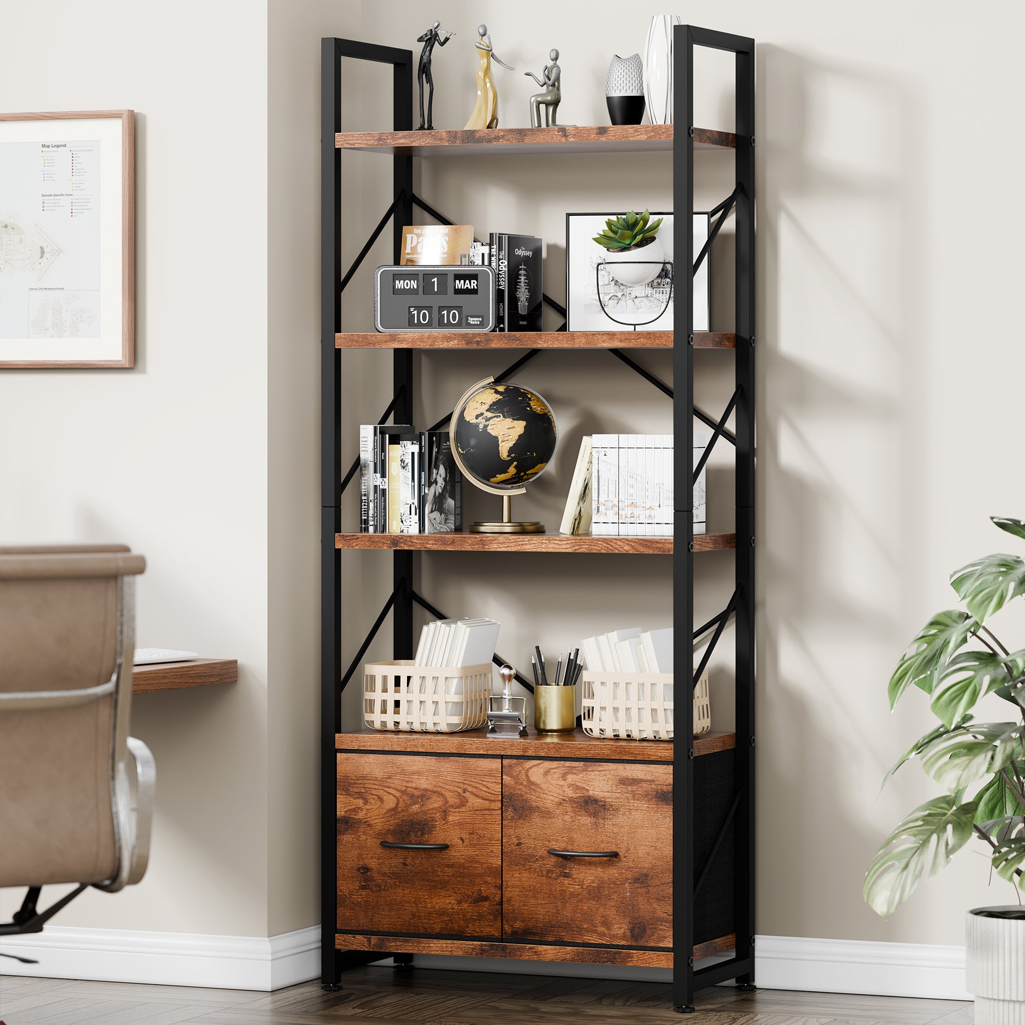 Vongrasig 5 Tier Bookshelf with Drawer, Industrial Tall Narrow Bookcase, Display Shelf Modern Wood and Metal Bookshelves, Free Standing Storage Organizer for Office, Living Room