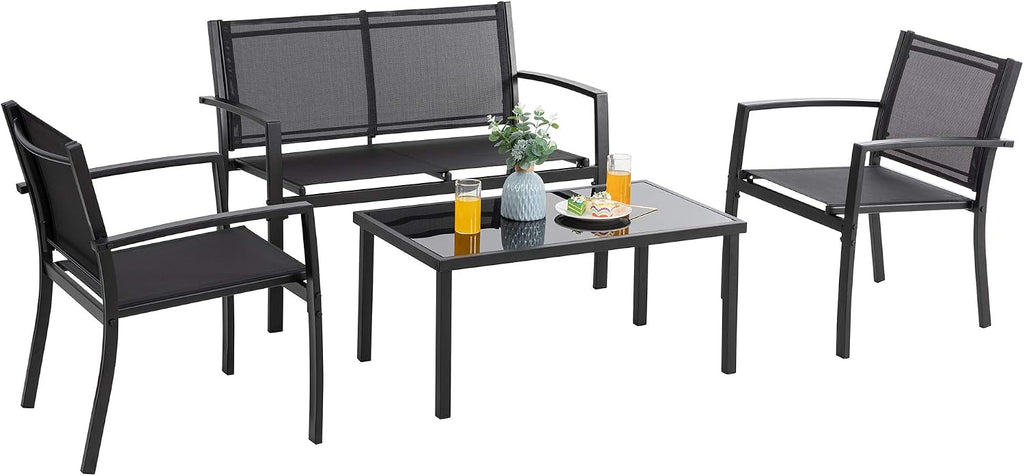 Vongrasig 4 Pieces Patio Furniture Sets,Outdoor Patio Conversation Sets with Glass Coffee Table, Small Porch Balcony Furniture, Patio Table and Chairs Set for Garden, Backyard