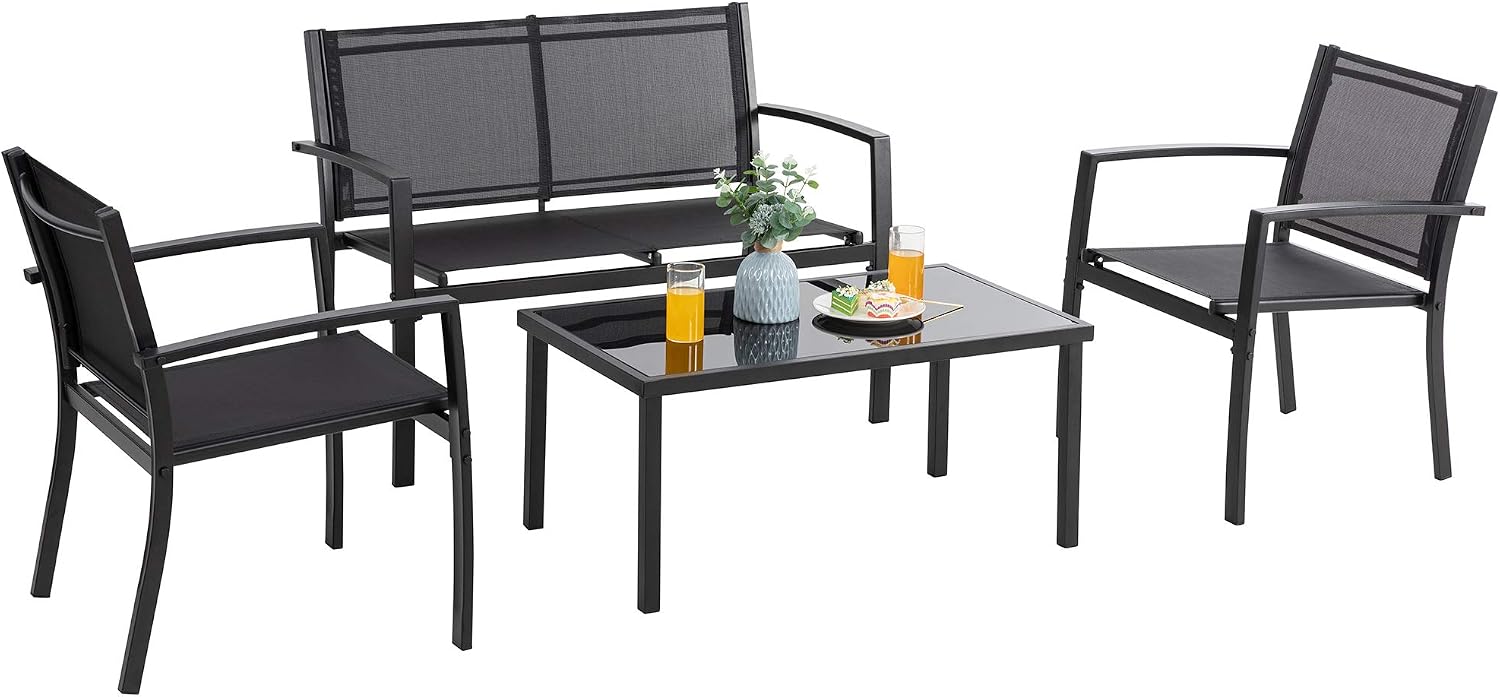 Vongrasig 4 Pieces Patio Furniture Sets,Outdoor Patio Conversation Sets with Glass Coffee Table, Small Porch Balcony Furniture, Patio Table and Chairs Set for Garden, Backyard