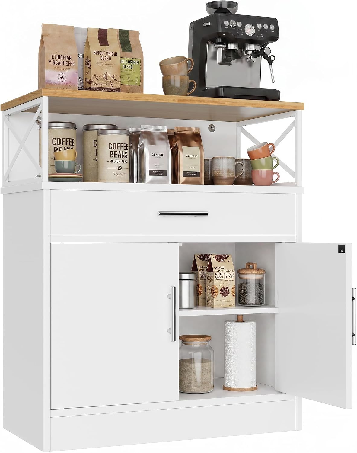 Vongrasig Farmhouse Coffee Bar Cabinet, Small Sideboard Buffet with Storage, Modern Kitchen Storage Cabinet with 1 Drawer and 2 Doors for Kitchen, Dining Room