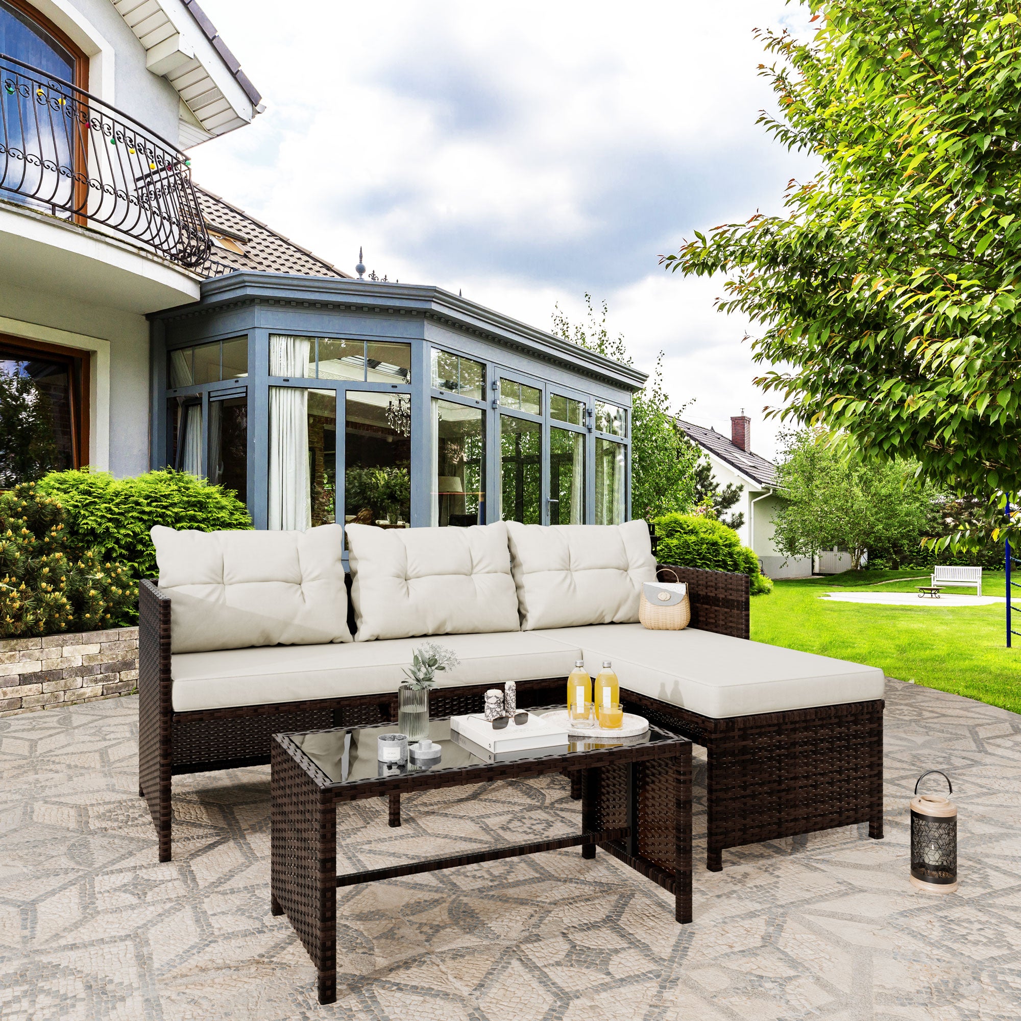 Vongrasig 3 Pieces Patio Furniture Sets, All-Weather Wicker Outdoor Sofa Couch Sectional Set, Small Conversation Set for Patio, Garden w/Cushion, Glass Table