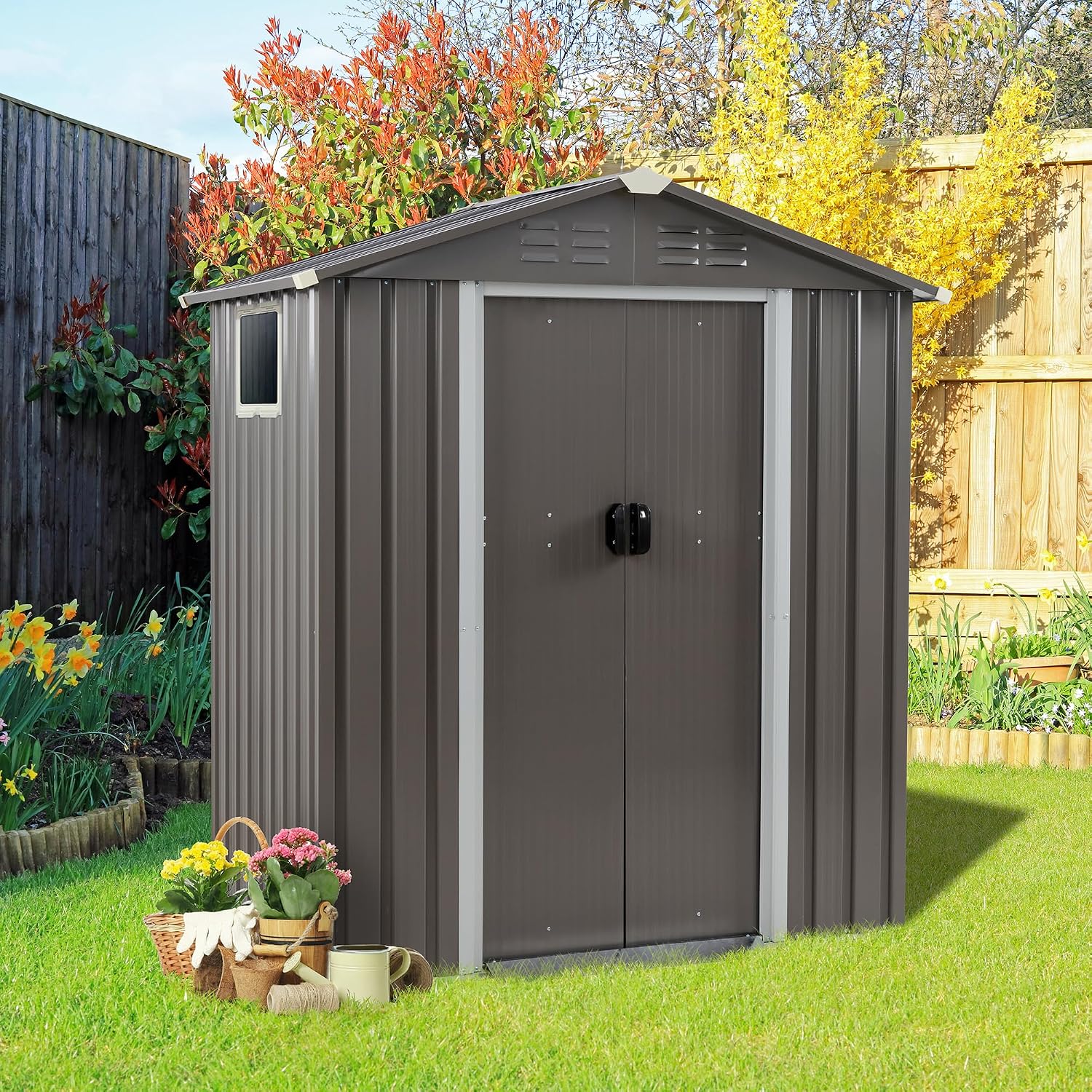 Vongrasig 5 x 3 x 6 FT Outdoor Storage Shed Clearance, Metal Garden Shed with Large Window and Lockable Door, Anti-Corrosion Waterproof Tool Shed for Backyard Patio, Lawn