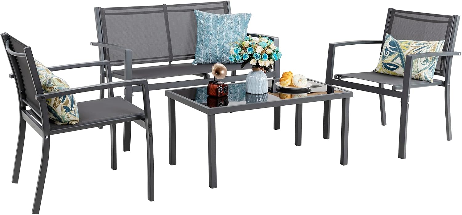 Vongrasig 4 Pieces Patio Furniture Sets,Outdoor Patio Conversation Sets with Glass Coffee Table, Small Porch Balcony Furniture, Patio Table and Chairs Set for Garden, Backyard