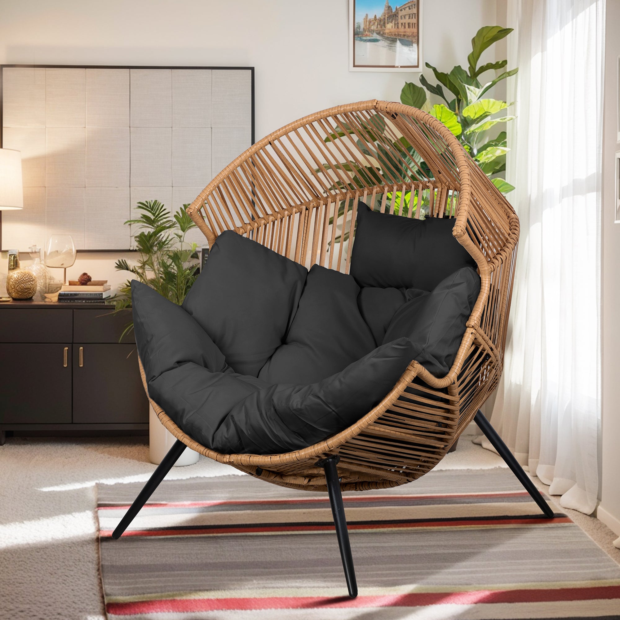 Vongrasig Outdoor Wicker Egg Chair PE Rattan Chair with Cushion, Oversized Patio Lounge Chair for Outdoor, Indoor, Balcony, Backyard, Garden