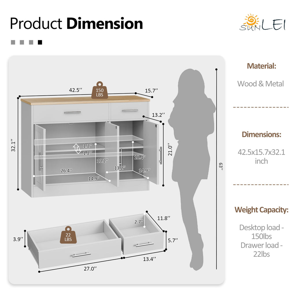 Walsunny Kitchen Buffet Sideboard Cabinet with Adjustable Shelf,Wooden Storage Cabinet with 3 Doors and 2 Drawers,Modern Farmhouse Coffee Bar Cabinet with Storage for Kitchen/Living Room (7612679061680)