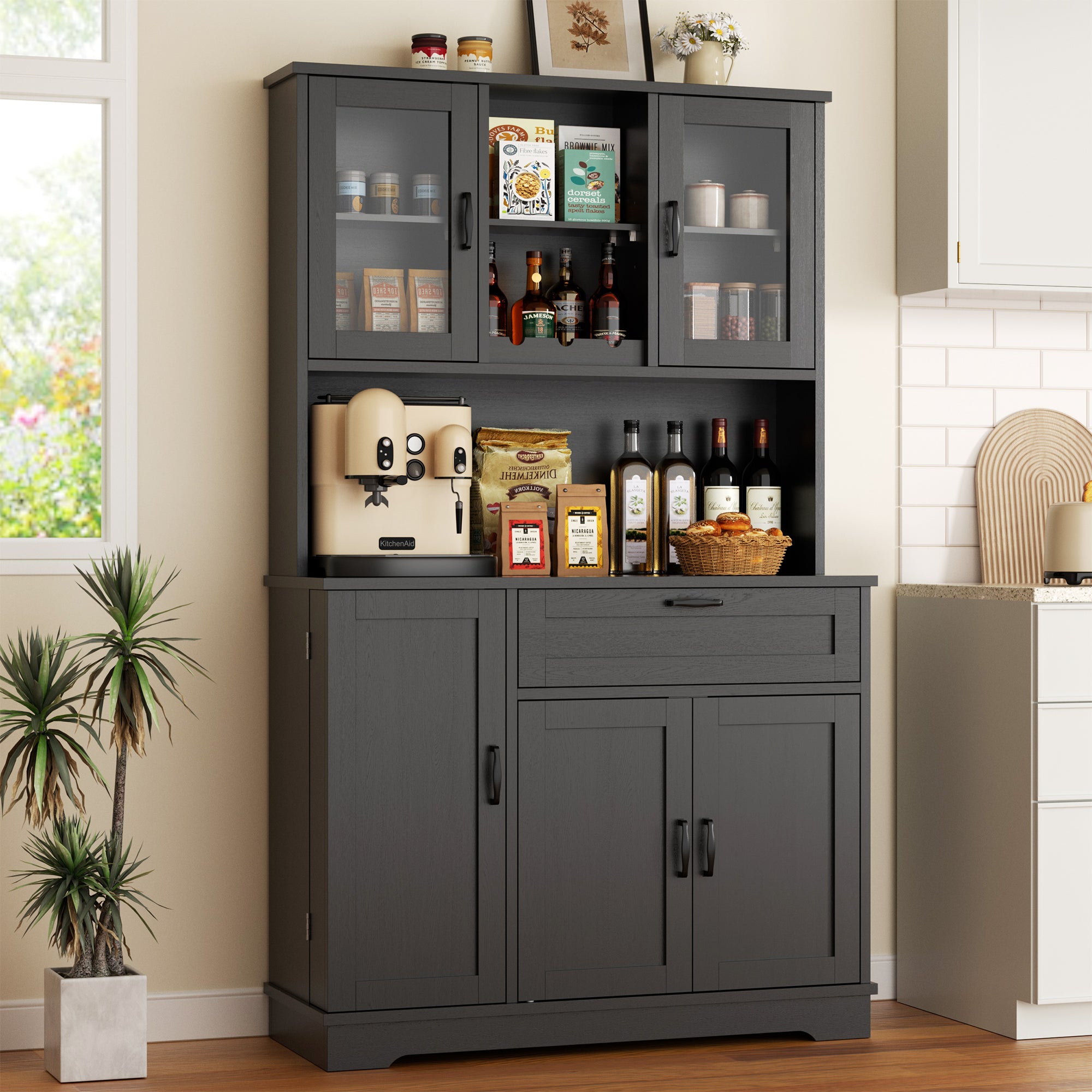 Vongrasig Kitchen Pantry Cabinet, Farmhouse Kitchen Hutch Tall Storage Cabinet with Doors and Shelves, Modern Food Pantry for Dining Room