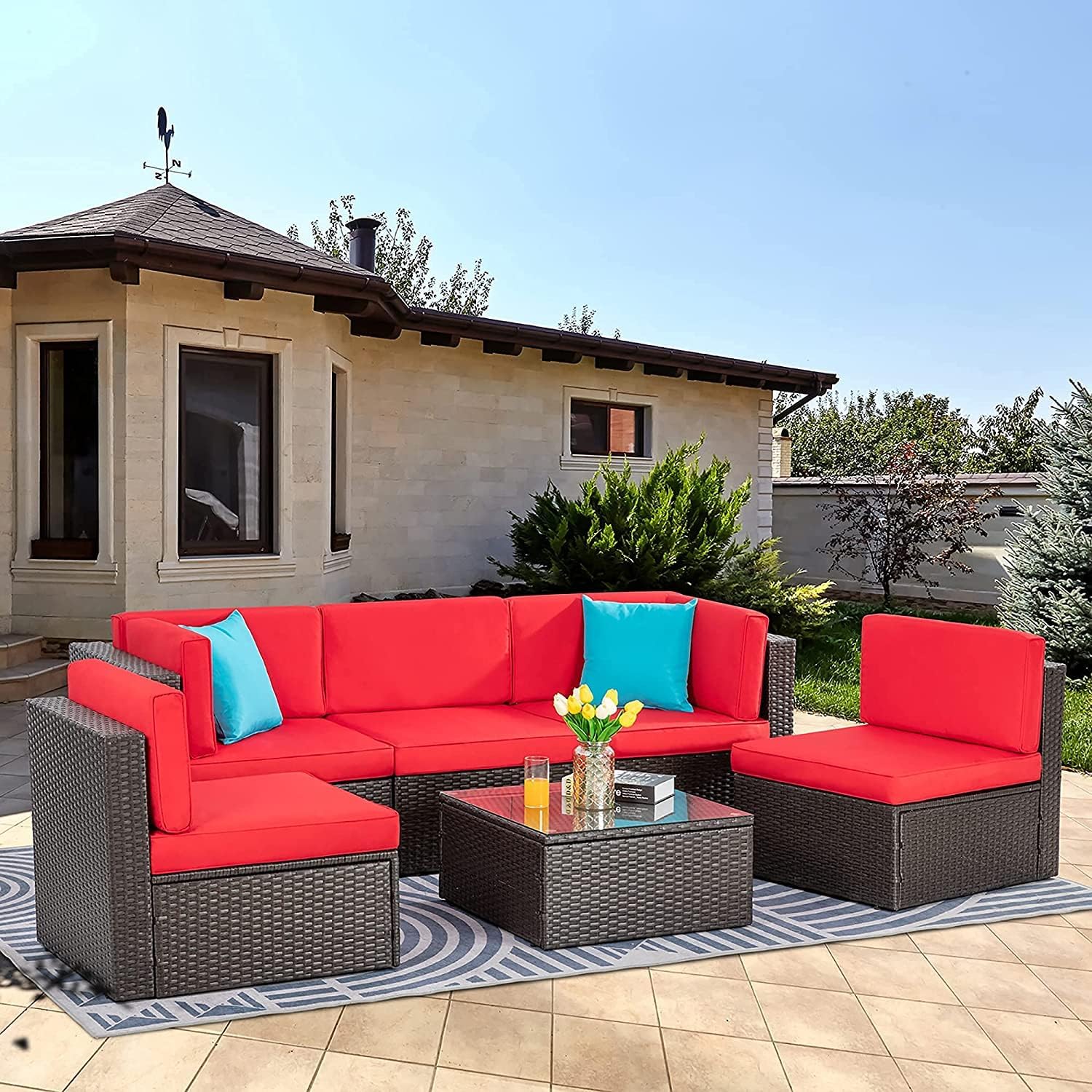 Vongrasig Patio Furniture Sets, Outdoor Patio Set Sectional Sofa, All-Weather PE Rattan Outdoor Couch with Ottoman, Glass Table for Garden, Backyard, Porch