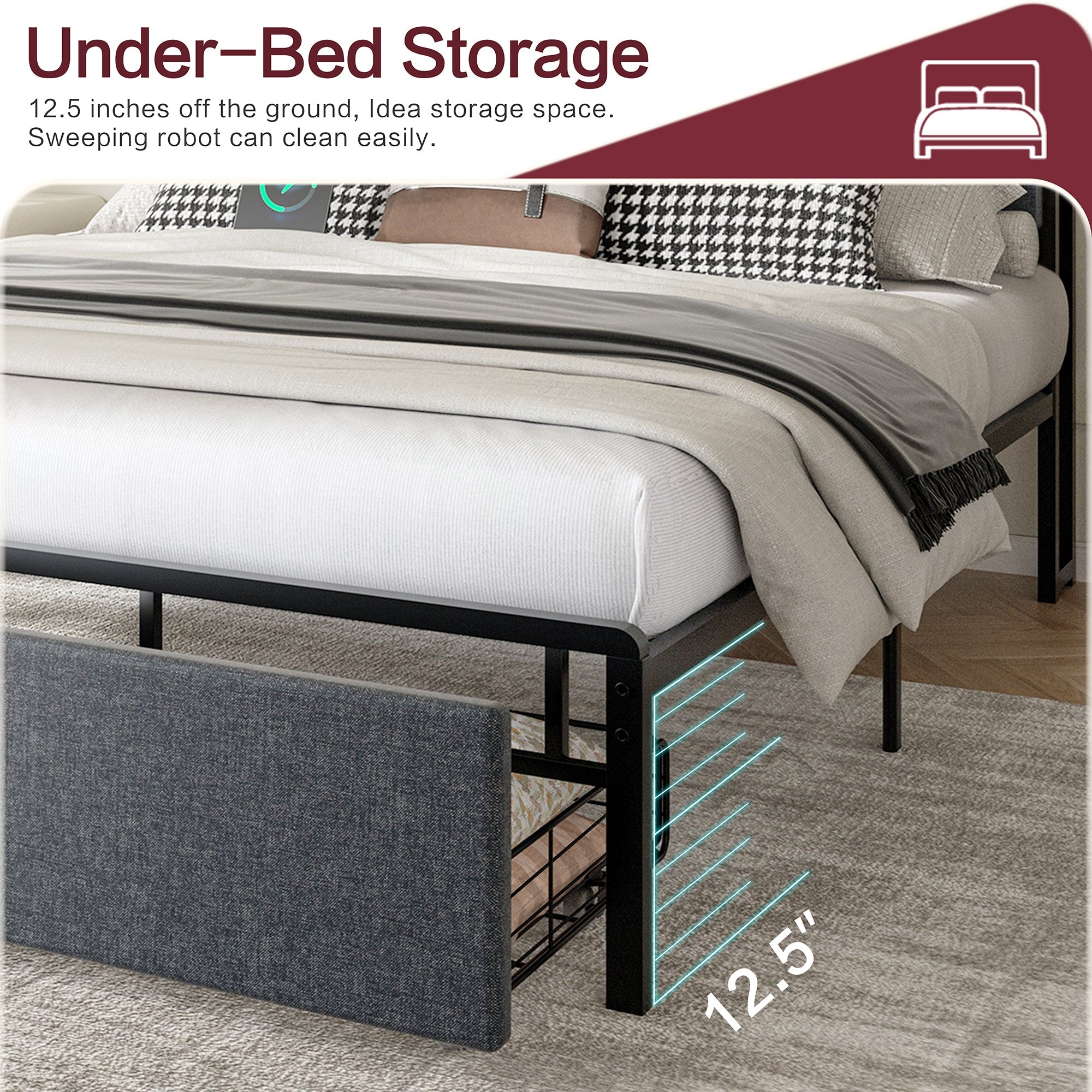 Walsunny Bed Frame with Led Light and 2 Drawers Metal Platform Bed with Button Tufted Headboard Strong Metal Slats (7504175136944)
