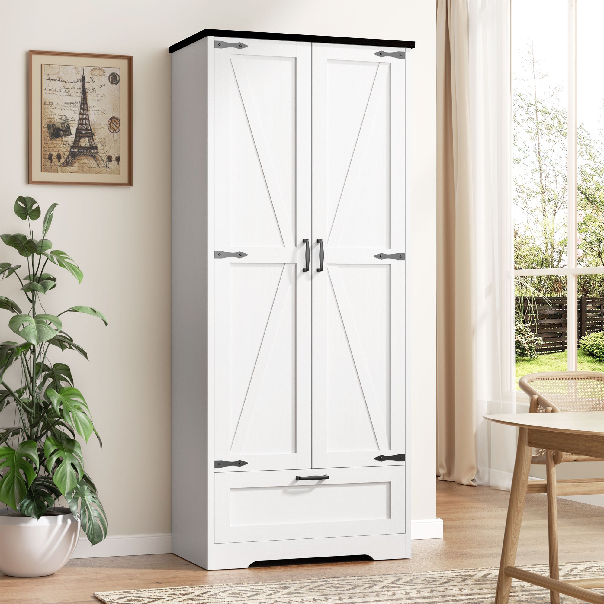 Vongrasig Kitchen Pantry Storage Cabinet with Barn Doors, Drawer and Adjustable Shelves, 4-Tier Tall Rustic Wood Cupboard Locker for Kitchen, Living Room, Bathroom, Dining Room