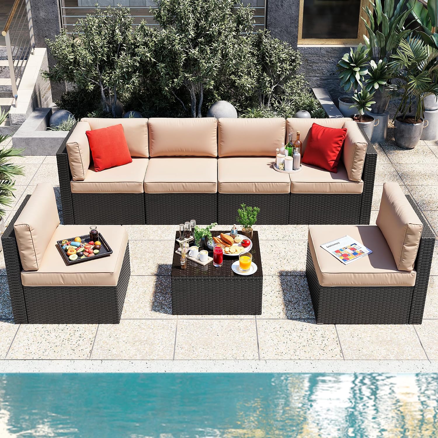 Vongrasig Patio Furniture Sets, Outdoor Patio Set Sectional Sofa, All-Weather PE Rattan Outdoor Couch with Ottoman, Glass Table for Garden, Backyard, Porch