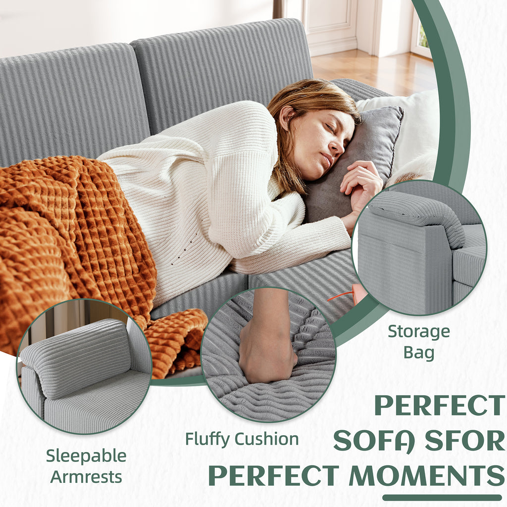 Vongrasig Convertible Sectional Couches Sofa, 3 Seat L Shaped Sofa with Removable Pillows Soft Corduroy Fabric Small Couch Mid Century for Living Room, Bed Room, Apartment and Office (Light Grey)